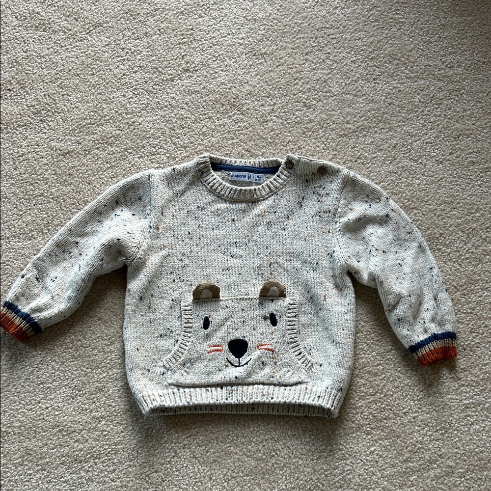 Mayoral Baby Boy Knit Sweater w/ Kangaroo Pocket ~ Speckled Cream 18 Month